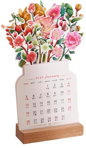 Blooming bukett kalender, Bloomy Flowers-bordskalender 2025 Bloomy Flower-bordskalender, rolig skrivbordsplaneringsanteckningar i vasstil, kreativ vertikal bordskalender med träbas