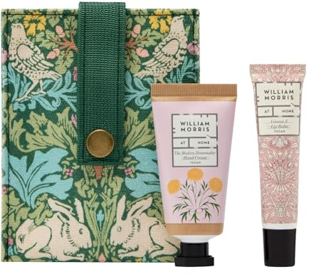 William Morris At Home Crème pour les mains 30 ml et baume à lèvres 10 ml dans un plateau de présentation avec pochette en toile, beurre de karité et huile de jojoba, cadeau de beauté pour elle