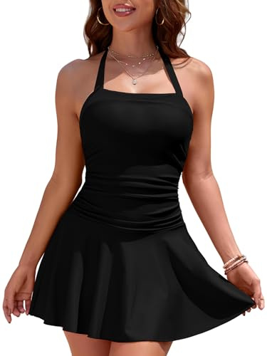 SHEKINI Ladies Swimming Costumes Halter Neck One Piece Swim Dress Tummy Control Swimsuit Ruched Swimwear Bathing Suit Plus Size Black