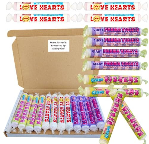 Retro Candy Sweet Box With Giant Fizzers,Giant Love Hearts & Giant Parma Violets 4 Pack of Each