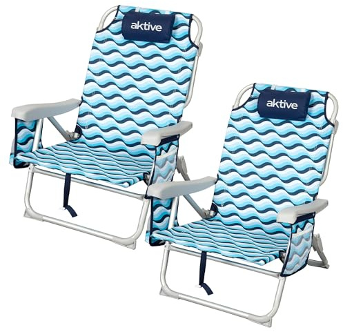 AKTIVE Pack 2 sillas de Playa Plegables, 50x58x80 cm, 5 Posiciones, Aluminio y poliéster, Cojín, Compartimento Trasero, Asas Mochila, Cierre Clic, Modelo Aruba (62417)