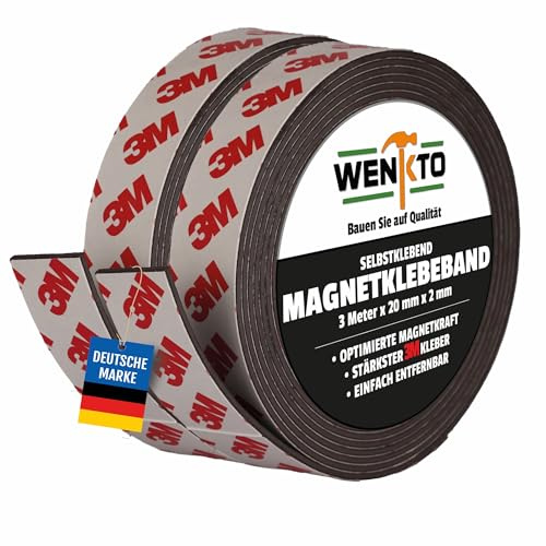 WENKTO® Magnetklebeband 3 Meter; Starkes 3M Magnetband DIY-Projekte & Heimwerken; Flexibles Klebeband mit Magneten; Magnetisches Band für Wände, Türbefestigungen & mehr (2x 3 Meter, 2 cm Breite)