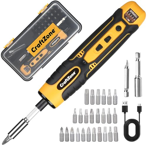 Electric Screwdriver Cordless Set with LED Light, USB Cordless Screwdriver Rechargeable, Level 5 Torque Screw driver, with 28 Pc Bit Set & Carrying Case for Home, Electronic, Automotive (Yellow)