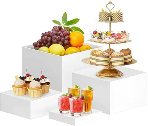 Set di alzate per buffet, in acrilico, per cupcake e dessert, alzate bianche per alimenti con fondo cavo, per tavolo da buffet, scatole cubiche, espositori per feste, matrimoni ed eventi (4 pezzi)