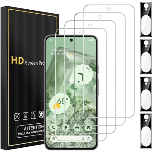 Romkasi HD Glas-Displayschutz für Google Pixel 8 Panzerglas(6.2 Zoll) 9H-Härte, abriebfeste Schutzfolie, 4 Stück leicht installierbare Anti-Kratzer-Glasfolie + 4 Stück Objektivschutzfolie