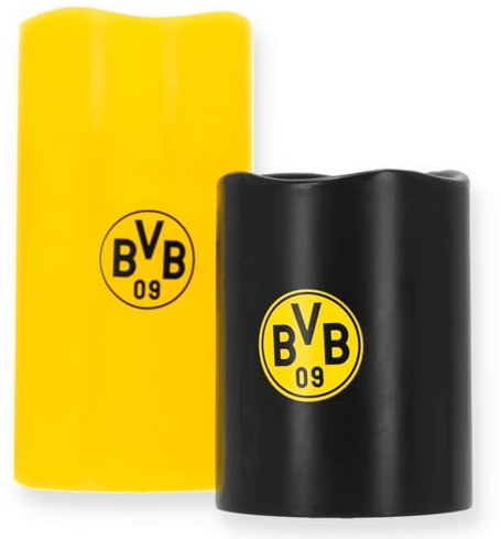 BVB LED-Echtwachskerzen, 2er Set, 15 cm & 10 cm, Schwarz-Gelb mit BVB-Logo, Batteriebetrieben