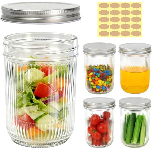 Acetiti Mason Jars 500 ml/17 oz, Pack de 5 Tarros de Cristal con Tapas y etiquetas Tarros de Conserva de Vidrio para Avena nocturna, especias, Mermelada, Miel, Casera (500ml-Rayas verticales)