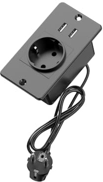 Infälld grenuttag med 1 eluttag och 2 portar (5 v2.1a) Smart laddningsstation uttag, 250 V 16 A grenuttag överspänningsskydd med kabel 1,5 m, svart