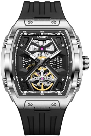 singmay Herr automatisk Tourbillon mekanisk klocka – rostfritt stålfodral, silikonrem, skeletturtavla, 30 m vattentålig, SilverA, Klassisk