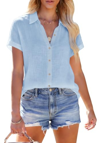 Linen Shirts for Women Short Sleeve Button Down Shirts Casual Solid Blouse Vacation Beach Summer Tops Concert Outfit - Blue M