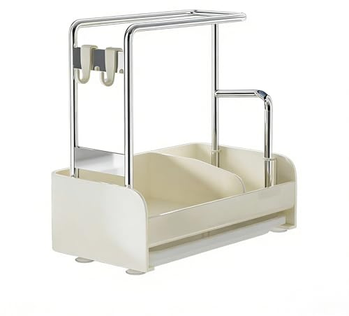 Zeroupshop Organizer per lavello in acciaio inox con vassoio di scarico rimovibile e contenitore in spugna ABS, supporto laterale per spazzole da cucina e strofinacci, nero (bianco)