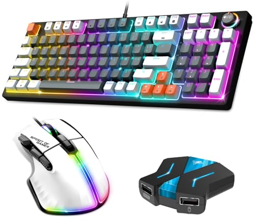 Spirit of Gamer, Pack Clavier Souris Gamer Filaire RGB + Convertisseur Mannette PS4/PS3/Switch 1 & 2, Clavier Mécanique AZERTY 97 Touches à Switch Marron, Souris 12800 DPI avec 8 Boutons Programmables