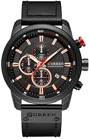 Orologio da polso da uomo, impermeabile, sportivo, cronografo, militare, multifunzione, in pelle, al quarzo black black