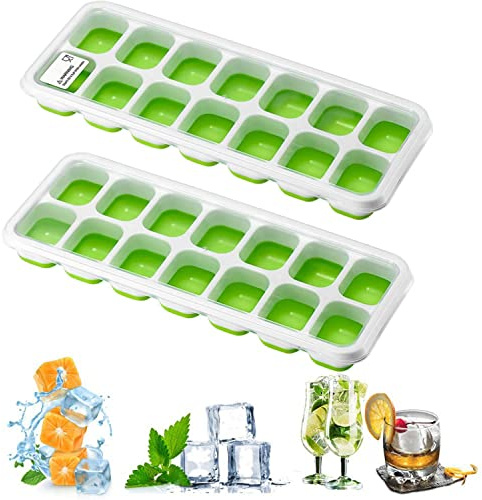 2 Pack Ice Cube Trays with No-Spill Removable Lid, Lfgb Certified BPA Free Moulds,Easy-Release Silicone and Flexible 28-Ice Trays,Best for Freezer,Baby Food,Water,Whiskey,Cocktail and Other Drink