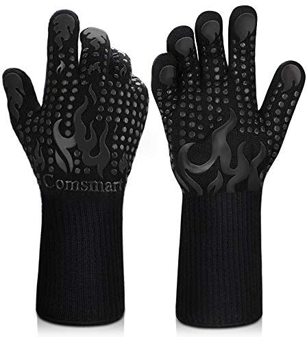 Guantes de Barbacoa, Resistentes al Calor, Guantes de Silicona Antideslizantes para Horno, Guantes Largos de Cocina para Barbacoa, cocinar, Hornear, soldar, Cortar (Negro)