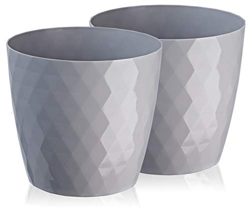 Tymar Blumentopf, 2er-Pack, glänzender, Leichter, dekorativer Pflanzentopf aus Kunststoff, Moderne, Runde Form, für Innenräume,Pflanzkübel (14 cm, Grau) | glänzender, leichter, aus Kunststoff, moderne, Runde Form, für Innenräume, wetterfeste & robuste