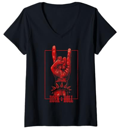 Damen Rock & Roll Teufelsgruß Rocker Konzert T-Shirt mit V-Ausschnitt