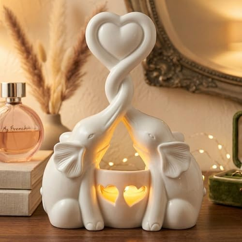 Elephant Love Candle Holder Figurine – Elephant Gifts for Women or Couple, Decorative Tealight Holder With LED Candle, Anniversary, Wedding, Home Décor Gift - Greeting Card Included