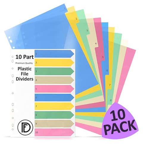 DocFeedz Divisori in plastica, 10 pezzi, formato A4, con indice di carta, colori pastello, formato A4, con fori preforati, divisori per raccoglitori ad anelli, per casa, scuola e uso professionale