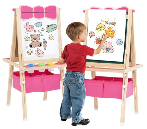 Kinder Tafel Staffelei aus Holz mit Papierrolle Kinder Holz Spielbrett Höhe Einstellbar Schöne Bogen Design Doppelseitige Whiteboard und Tafel Staffelei mit Zahlen und anderem Zubehör (Rosa)