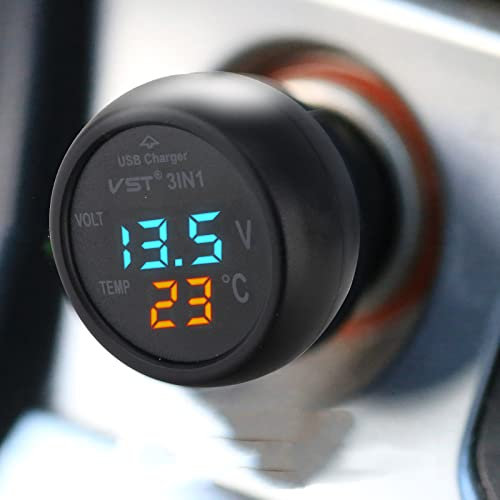 3-in-1 Auto Thermometer Voltmeter, LED Digital Voltmeter Thermometer, USB Autoladegerät, 12-24V Spannungsanzeige, Temperatur und -10 bis 80 °C, digitales zweifarbiges Display in Rot und Blau