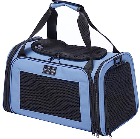 Petsfit Transportbox Katze kleine Hunde leicht Hundetasche Flugzeug für kleine Hunde Katzen Transporttasche Hundetragetasche,Tragetasche Hund Flugtasche mit Schutzgurt & erweiterbare Matte, S/Blau