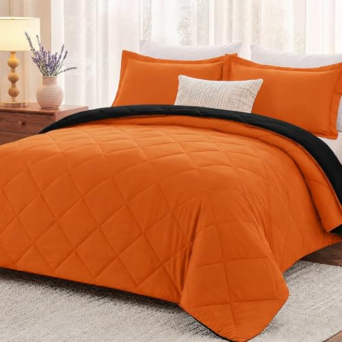 downluxe Set copripiumino per letto matrimoniale, leggero, in tinta unita, reversibile, 3 pezzi, completo di 2 federe reversibili (arancione/nero)