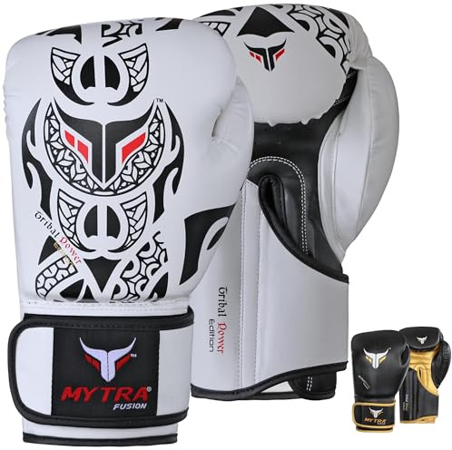 Mytra Fusion Boxningshandskar för Herr & Dam – Tribal Power Edition, Tränings-, Stans-, MMA-, Muay Thai-, Kickboxnings- & Sparringhandskar med Grepp, Luftventiler (White, 18-oz)