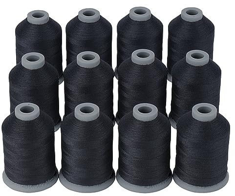 Simthread Allzweck-Nähgarn, 12 Spulen Größe 40D/2 Polyestergarn zum Nähen, Quilten & Nähmaschine – handliches Polyester-Nähgarn für Nähmaschine (12 - Schwarz)