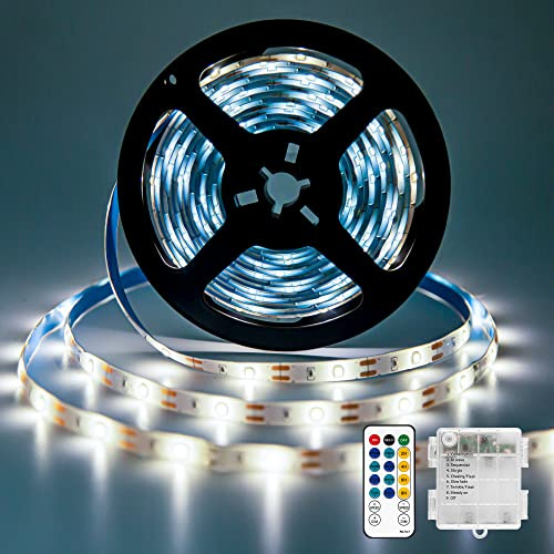 LED Streifen Batteriebetrieben, 5M 150LEDs LED Strip Batteriebetrieben für Deko, Lichtband Streifenlichter 8 Modi mit IR Fernbedienung Wasserdicht Kaltes Weiß LED Streifen Batterie für Outdoor Indoor