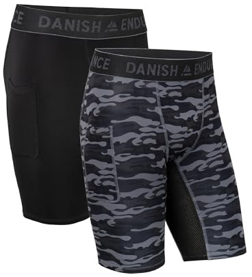 DANISH ENDURANCE Pantaloncini a Compressione, Shorts, Traspiranti e Quick Dry, con Tasca, da Uomo, 2 Paia Multicolore (1x Nero, 1x Grigio Mimetico) 2-Pack L