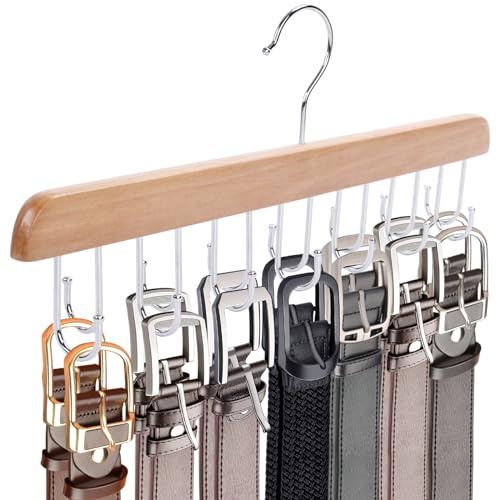 JOHOUSE Belt Organizer for Closet Max 42 Belts, Wooden Sports Bra Hanger Tie Rack with 14 Hooks for Men Women Tank Top, Scarf Closet Storage