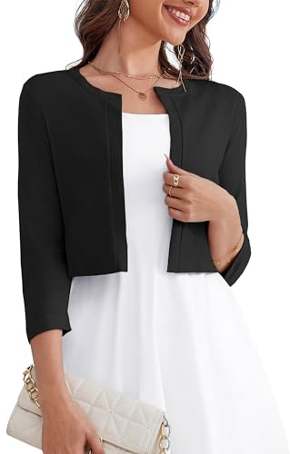 OmicGot Women's 3/4 Sleeve Cropped Cardigan Sweater Bolero Open Front Black Shrugs for Women Dresses S