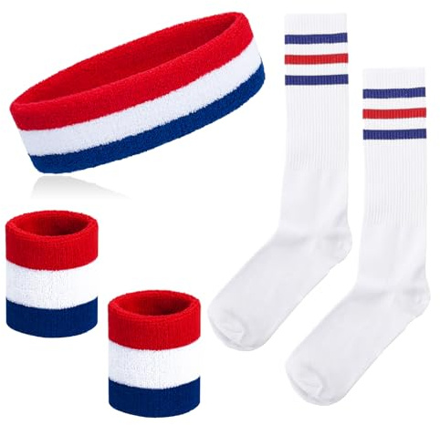 Schweißbänder Gestreifte Socken Set 80er Schweißbänder 90er Kostüm Handgelenk Schweißbänder für Männer und Frauen Sport Stirnbänder 80er Fitness