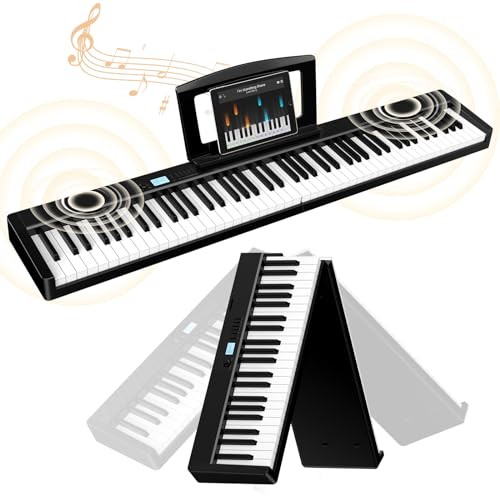 E Piano 88 Tasten: Keyboard Piano mit Bluetooth Faltbares E-piano mit anschlagdynamik 1800mAh Batterie unterstützung MIDI 10W Lautsprecher Sustain Pedal Notenständer Aufkleber Audiokabel Kopfhörer