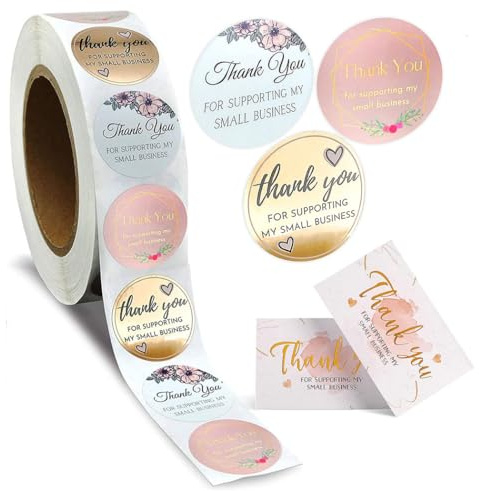 Dankeskarten, 550 Stück Dankeskarten, 50 Stück Goldfolie, Dankeskarten für die Unterstützung meiner kleinen Visitenkarten, 500 Stück 3,8 cm Dankesaufkleber (Rosa)