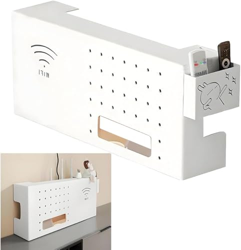PUIOTEAI Scatola di Immagazzinaggio del Router, Mensola Router a Parete, Scatola Porta Router Wifi da Parete, Scatola di Immagazzinaggio Cavi, Router e Prese(White)