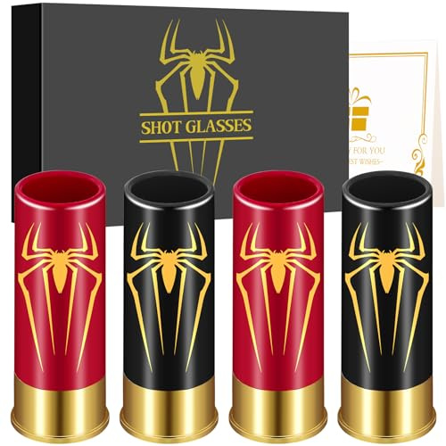 Spider Plastic Shot Glasses, Set of 4 with Gift Box, Novelty Shot Glasses for Men Women Wedding Party Birthday Gifts, Arachnid Lovers Gifts, 12GA Small Bullet Shot Cups for Whiskey Liquor, Black+Red