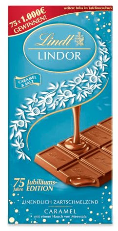 Lindt Schokolade LINDOR Caramel & Salz | 100g Tafel | Vollmilch-Schokolade mit einem Hauch Fleur de Sel und unendlich zartschmelzender Karamell-Füllung | Schokoladentafel | 75 Jahre