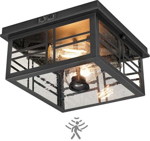 GOEBLESON Infrared Sensor Outdoor Ceiling Light, Flush Mount Motion Sensor Ceiling Light, 2-Light Black with Bubble Glass, Bulbs Not Included, 4 Modes, for Porch, Garage, Hallway, Patio,BQ08XD05W1