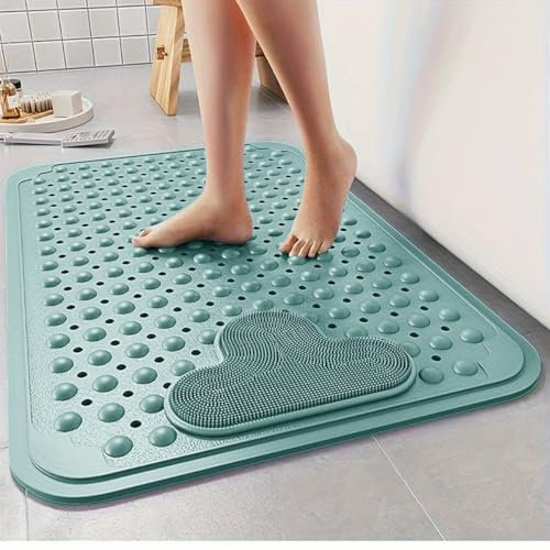 Shower Mat Bathtub Mat Non Slip Bath Mat for Shower, with Strong Grip Suction Cups Drain Holes, Massage Foot Pad for Bathroom - Green - 60 x 90 cm