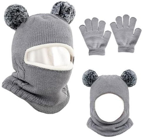 YFCJYBF Kinder Wintermütze Schal Handschuhe Set,Kleinkind Baby Schal Mütze Warme Süße Strickmütze, Kinder 2 in 1 Samtgefütterte Wintermütze,Geeignet für 2-7 Jahre (grau)