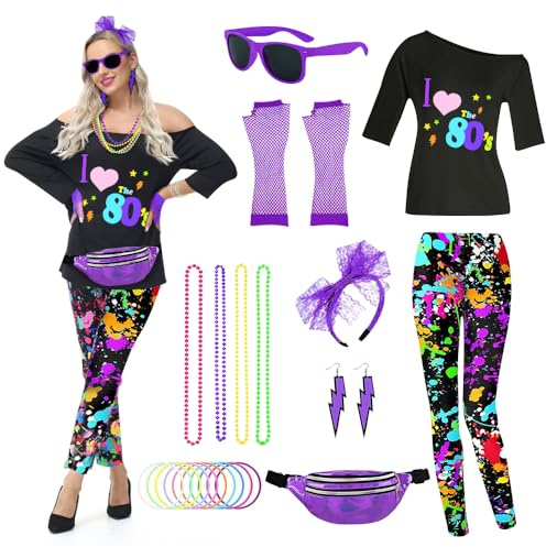 TOLOYE 80-talsklänningar, Hippie-klänning med Accessoarer Neon Halsbandsset, 80-talskläder Dam T-shirt Retro Byxor, Hippie Kostym för karneval (Lila, M)