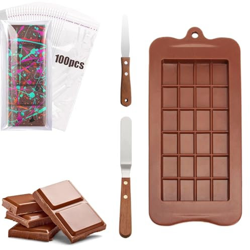 Luckwaii Stampo Cioccolato Tavoletta Stampo per Cioccolato in Silicone, Stampo per Tavoletta di Cioccolato Profondo con 2 Spatola Cucina e 100 Bustine Confetti per Cioccolatini Stampo Cottura Al Forno