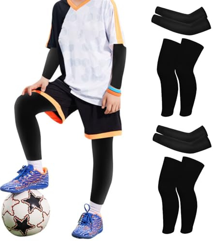 Valcatch 4 Paia di Maniche da tiro da Basket per Ragazzi Ragazze Protezione Solare UV Maniche per Braccia e Maniche di Compressione per Gambe per Calcio pallavolo Sport all'Aria Aperta Copertura