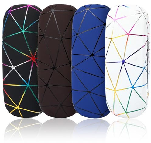 JANYUN Lot de 4 étuis à lunettes rigides pour homme et femme avec grille brillante, Blanc, noir, marron, bleu, 6.29 x 2.36 x 1.57 inches