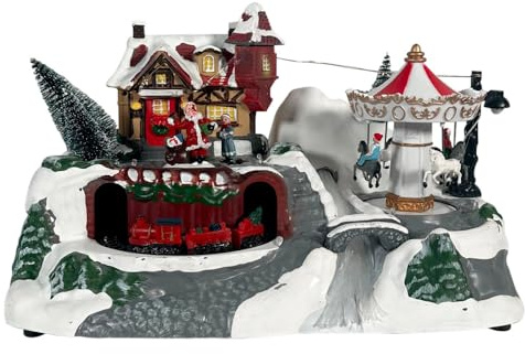 PALUPLUS Villaggio Innevato di Natale da tavola con Luci, Musica e Movimento, Misura 31x19,5x21 cm, Giostrina con Casetta, Treno, Carosello, Decorazioni Natalizie -8072C