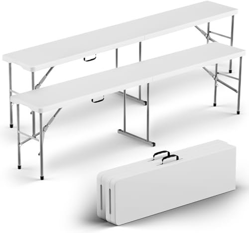 HLPB Klappbank, 1,8 m, faltbare Kunststoffbank mit Griff und glatter HDPE-Tischplatte, tragbar, für Picknick, Party, Camping, Esszimmer, 2 Stück, Weiß