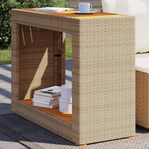 Xichuzi Garten-Beistelltisch mit Holzplatte Beige Poly Rattan, Gartentisch, Terrassentisch, Esstisch Garten, Balkontisch, Gartenesstisch, Gartenmöbel, Partytisch - 366308