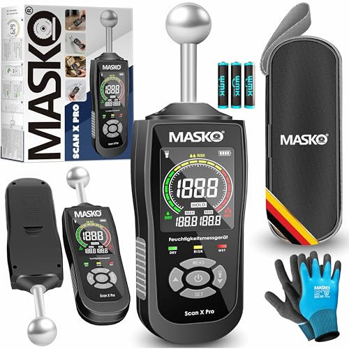 MASKO® Feuchtigkeitsmessgerät Feuchtigkeitsmesser Wand Boden, Holz & Baustoffe Estrich Beton Gips zerstörungsfreie Messung Pin-Typ Feuchtemessgerät HD-Display, Alarm, Taschenlampe & Datenhaltefunktion